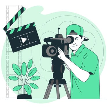 Illustration of a person operating a video camera with a clapperboard and plant nearby, emphasizing film production.