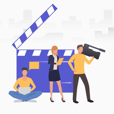 Film crew illustration with a director's board, camera operator, seated person with laptop, and businesswoman with clipboard.