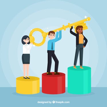 Three professionals stand on podiums with a giant key, symbolizing success and teamwork in business.