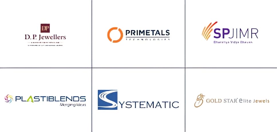 Grid of six business logos: D.P. Jewellers, Primetals, SPJIMR, Plastiblends, Systematic, Gold Star Elite Jewels.