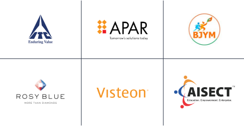 Corporate logos for ITC, APAR, BJYM, Rosy Blue, Visteon, and AISECT displayed in a grid format.