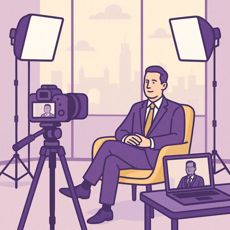 Man being filmed in office with professional equipment.