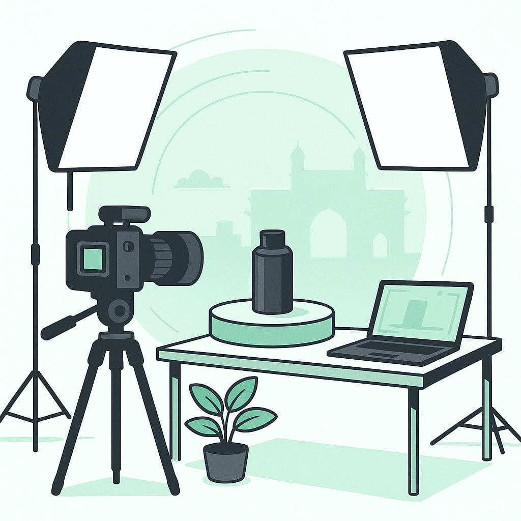 Product photography setup with camera and lights.
